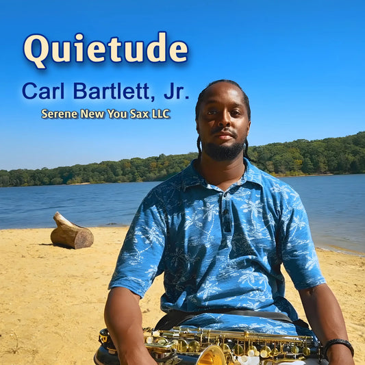 Man playing saxophone on a beach with 'Quietude' album details above